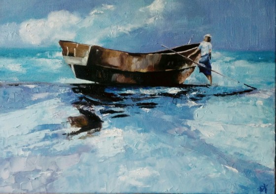 Painting маслом Девушка у лодки