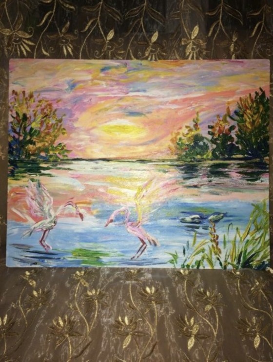 Painting в смешанной технике Танец фламинго 