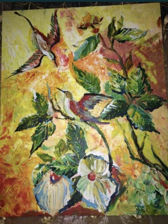 Painting в смешанной технике Влюблённые колибри 