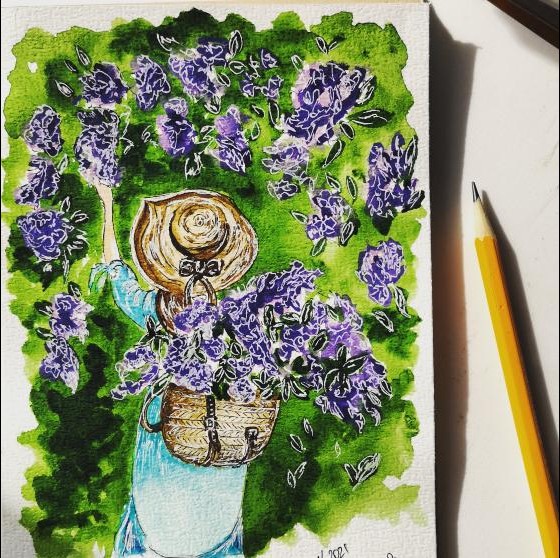 Painting акварелью Сирень в саду