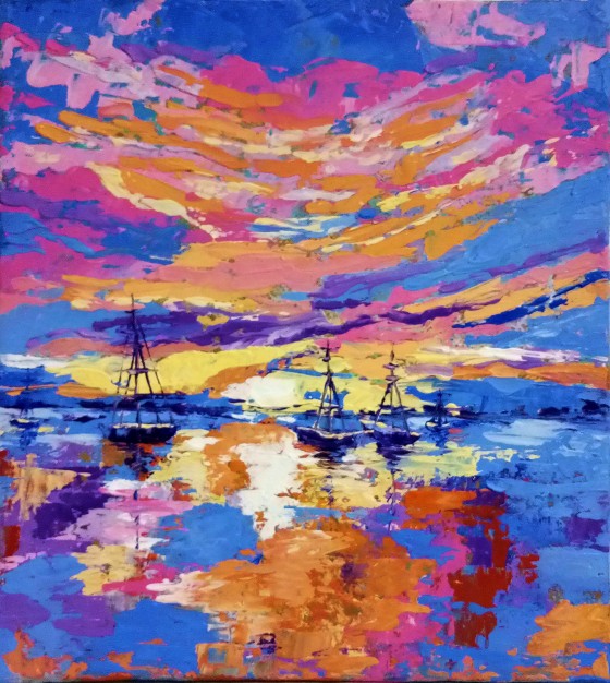 Painting маслом Море, закат и парусники