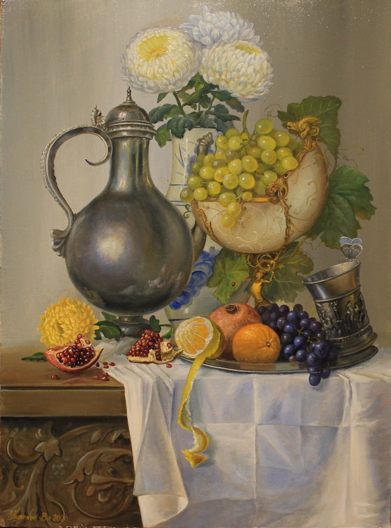Картина маслом Натюрморт с хризантемами и виноградом 