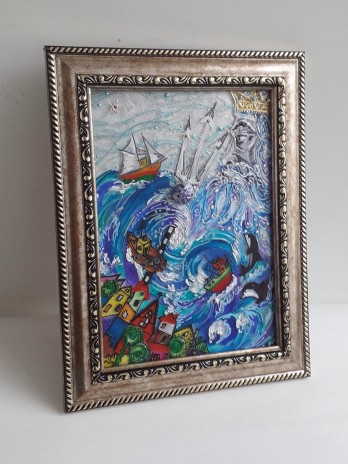 Картина в смешанной технике Витражная картина "Нептун разбушевался" 