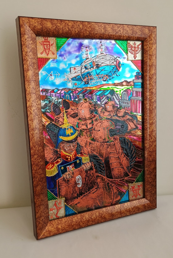 Картина в смешанной технике Витражная картина " Военный парад в эпоху дизельпанка "