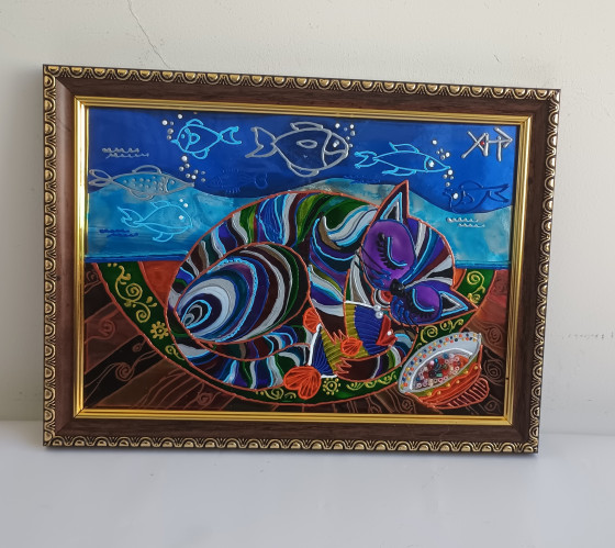 Картина в смешанной технике Витражная картина "Сон о Большой Рыбе"