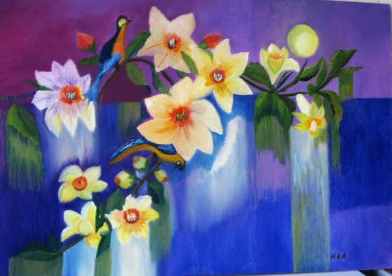 Картина маслом "Цветущая ветка над водой при луне"