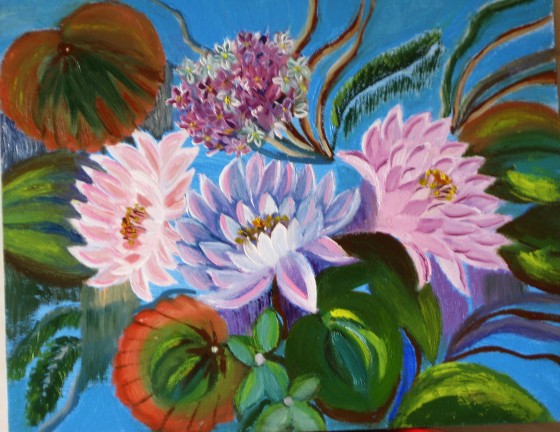 Картина в смешанной технике "Цветы на воде"