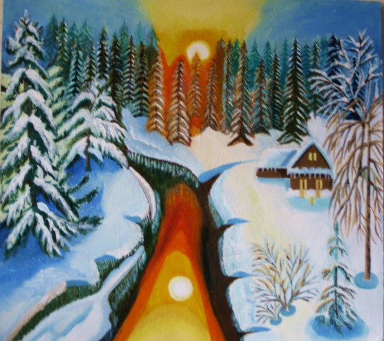 Картина маслом "Зимний закат в лесу с отражением в воде"