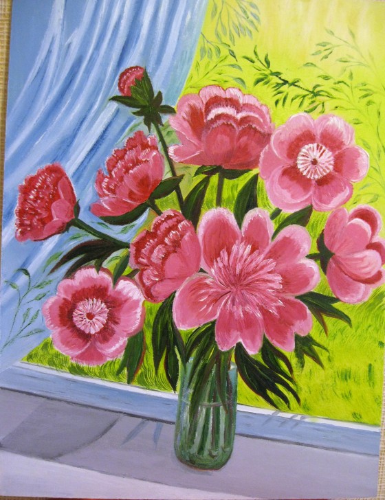 Картина маслом "Пионы на открытом окне"