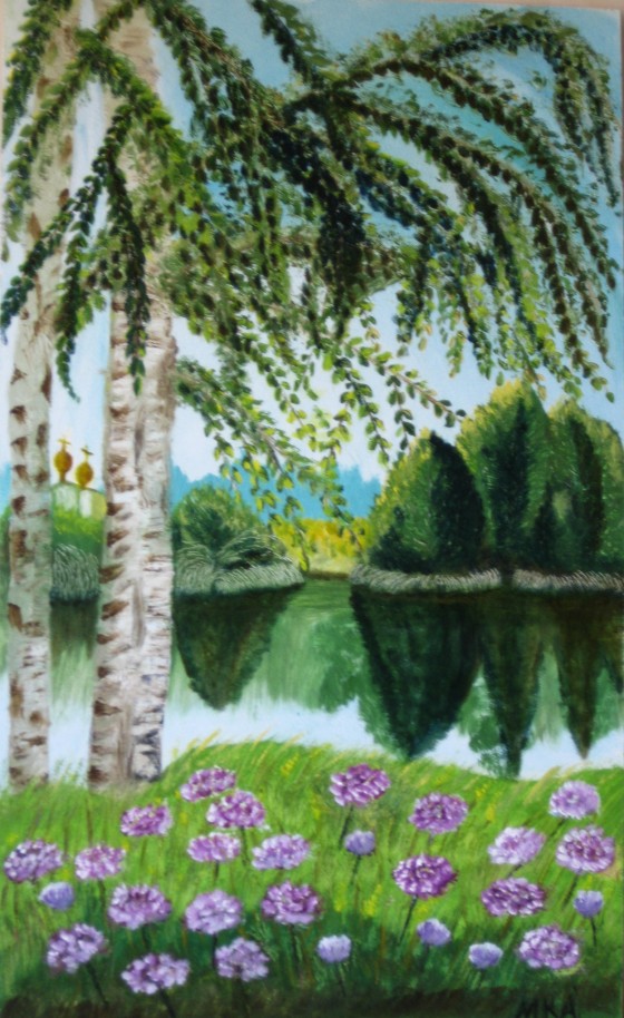 Картина маслом "Берёзы на берегу реки"