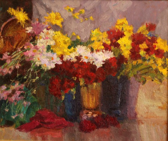 Картина маслом Натюрморт "Хризантемы"