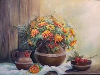 Картина маслом Чорнобривцi i калина