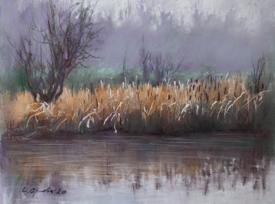 Картина пастелью Камыши