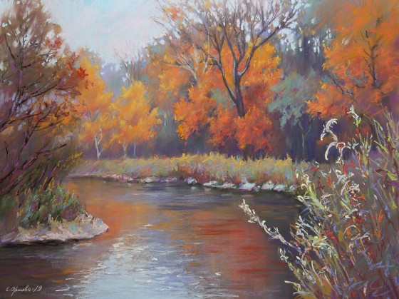 Картина пастелью На осеннем берегу