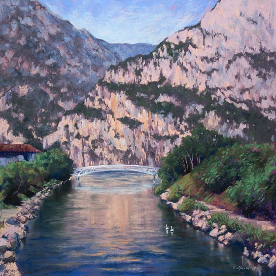 Картина пастелью И солнце осветило гору