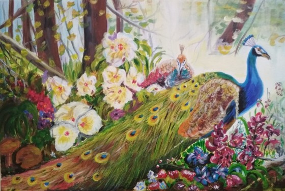 Картина акрилом Павлины