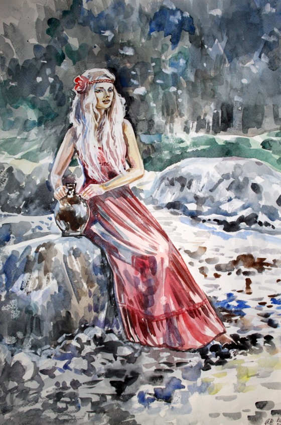 Картина акварелью Девушка у ручья