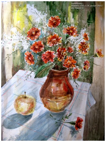 Картина акварелью Чорнобривці