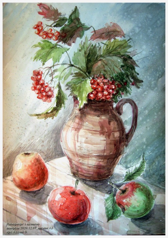 Картина акварелью Натюрморт з калиною