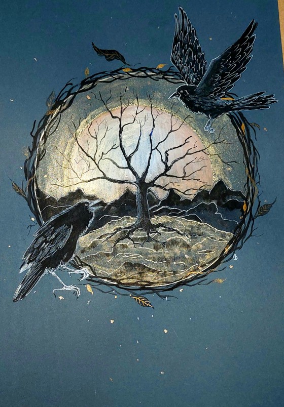 Картина в смешанной технике Хугин и Мунин