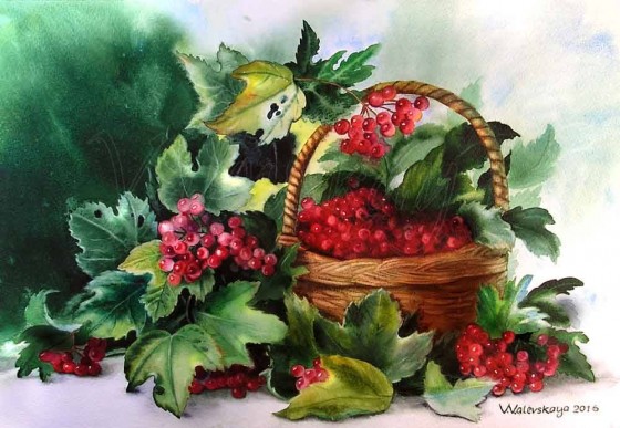 Картина акварелью Корзинка с калиной