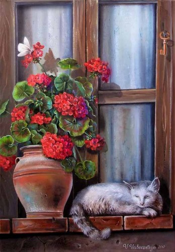 Картина маслом Котёнок и герань