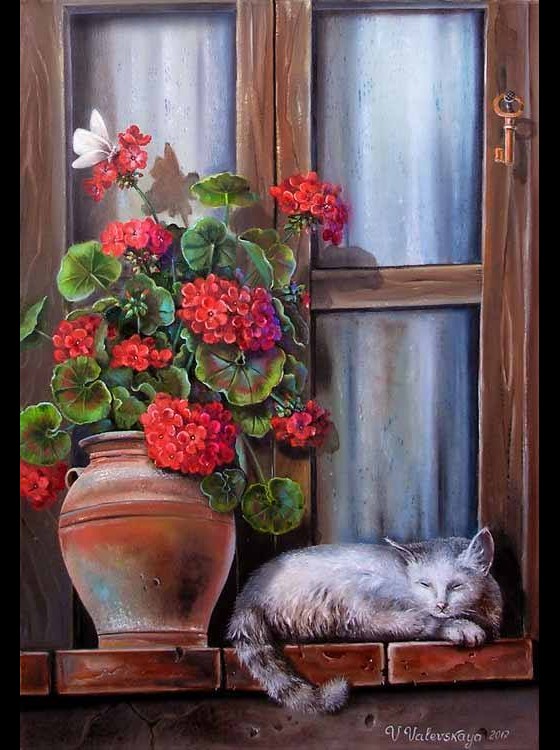 Картина маслом Котёнок и герань