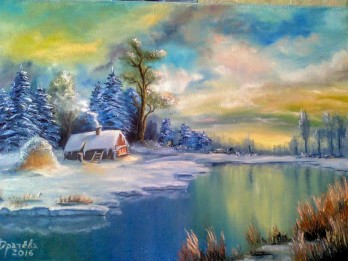 Картина маслом Зима в деревне