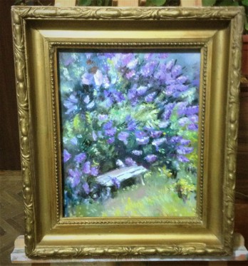 Картина маслом Одинокая скамейка в весеннем саду