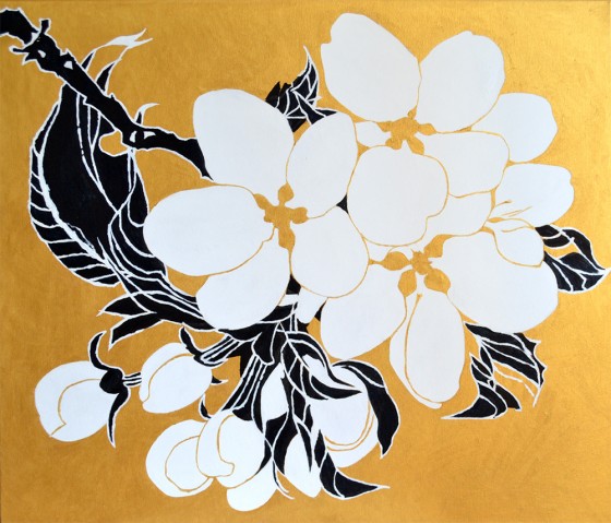 Картина маслом Цветы яблони на золотом фоне