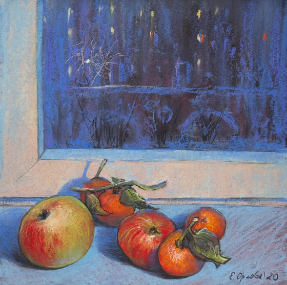 Картина пастелью Фрукты на подоконнике