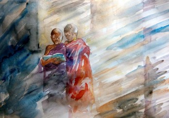 Картина акварелью Тибетские монахи