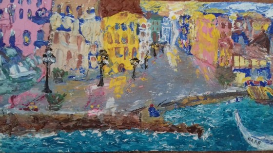 Картина маслом Город и море.Масло. Оргалит. Размеры 28×13