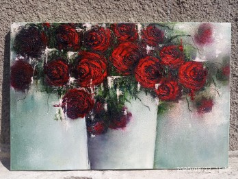 Картина маслом Розы в ведерке