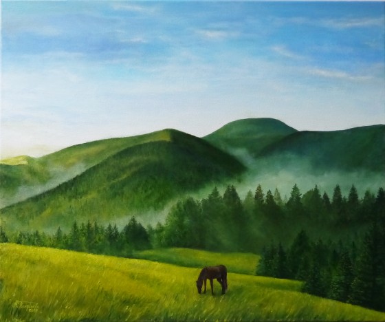 Картина маслом Утро в горах. 60 на 50 см.