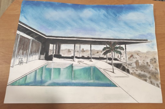 Картина пастелью Бассейн,вилла