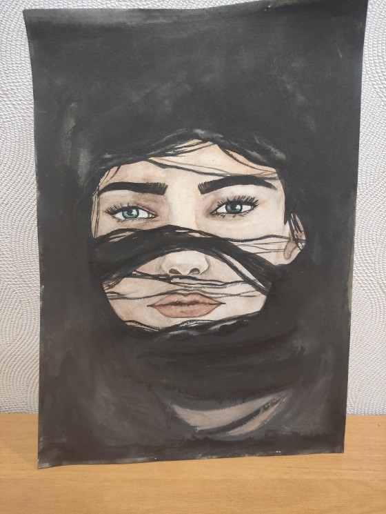 Картина акварелью Девушка,ветер в волосах